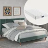 Redom Lit 140x200 cm avec rangement sous-lit et tête de lit capitonnée en velours vert, cadre bois massif