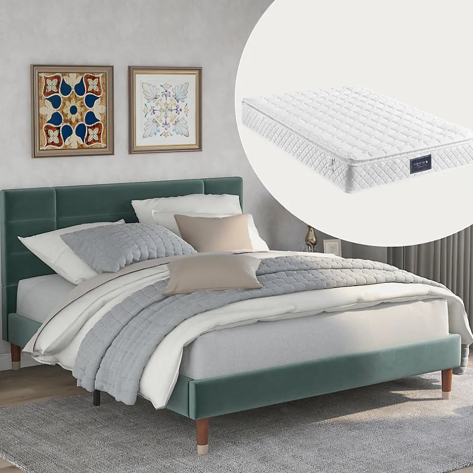 Redom Lit 140x200 cm avec rangement sous-lit et tête de lit capitonnée en velours vert, cadre bois massif