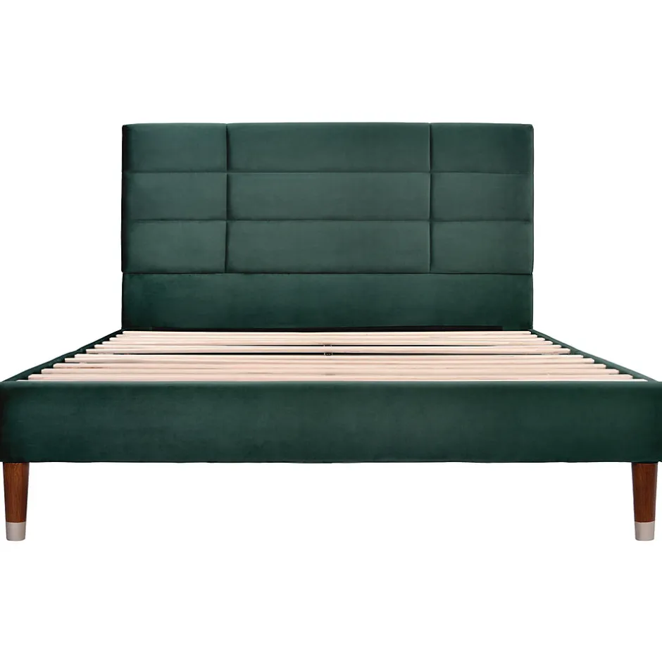 Redom Lit 140x200 cm avec rangement sous-lit et tête de lit capitonnée en velours vert, cadre bois massif