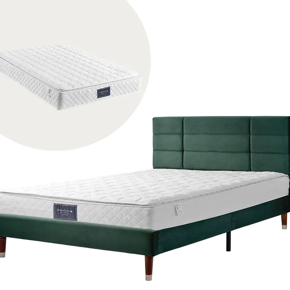 Redom Lit 140x200 cm avec rangement sous-lit et tête de lit capitonnée en velours vert, cadre bois massif