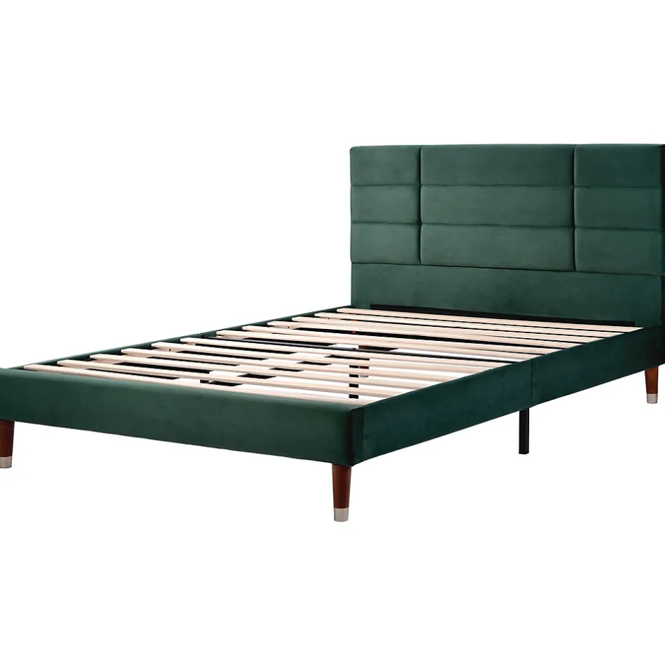 Redom Lit 140x200 cm avec rangement sous-lit et tête de lit capitonnée en velours vert, cadre bois massif