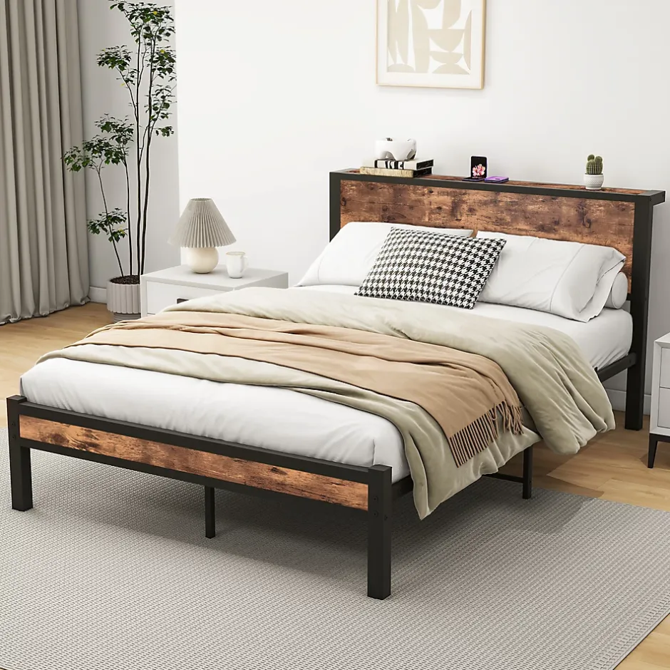 Redom Lit 140x200 cm avec rangement sous-lit 27 cm, cadre métal et MDF, coloris brun antique, silencieux Clearance