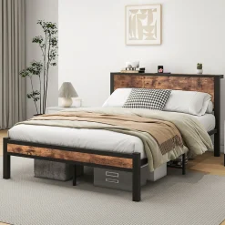 Redom Lit 140x200 cm avec rangement sous-lit 27 cm, cadre métal et MDF, coloris brun antique, silencieux Clearance
