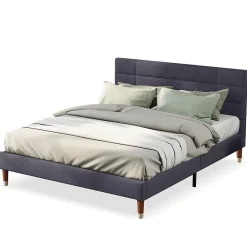Redom Lit 140x200 cm avec rangement sous-lit et tête de lit rembourrée en lin gris, cadre bois massif