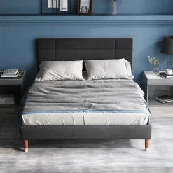Redom Lit 140x200 cm avec rangement sous-lit et tête de lit rembourrée en lin gris, cadre bois massif