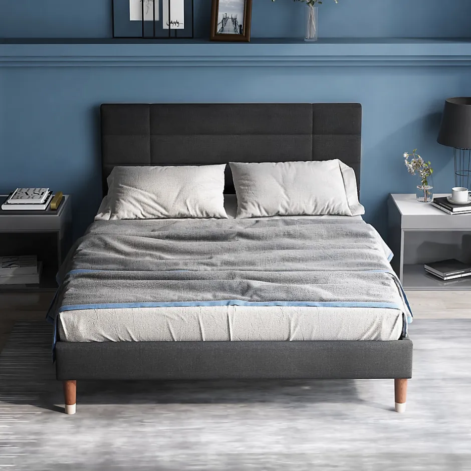 Redom Lit 140x200 cm avec rangement sous-lit et tête de lit rembourrée en lin gris, cadre bois massif