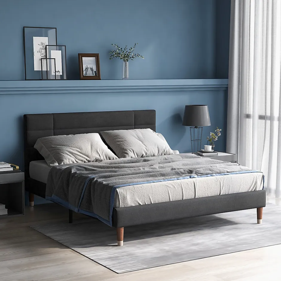 Redom Lit 140x200 cm avec rangement sous-lit et tête de lit rembourrée en lin gris, cadre bois massif