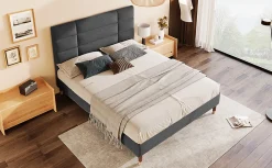 Redom Lit 140x200 cm avec rangement sous-lit et tête de lit rembourrée en lin gris, cadre bois massif