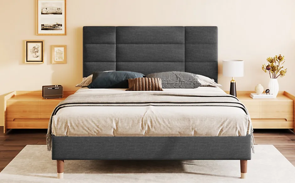 Redom Lit 140x200 cm avec rangement sous-lit et tête de lit rembourrée en lin gris, cadre bois massif