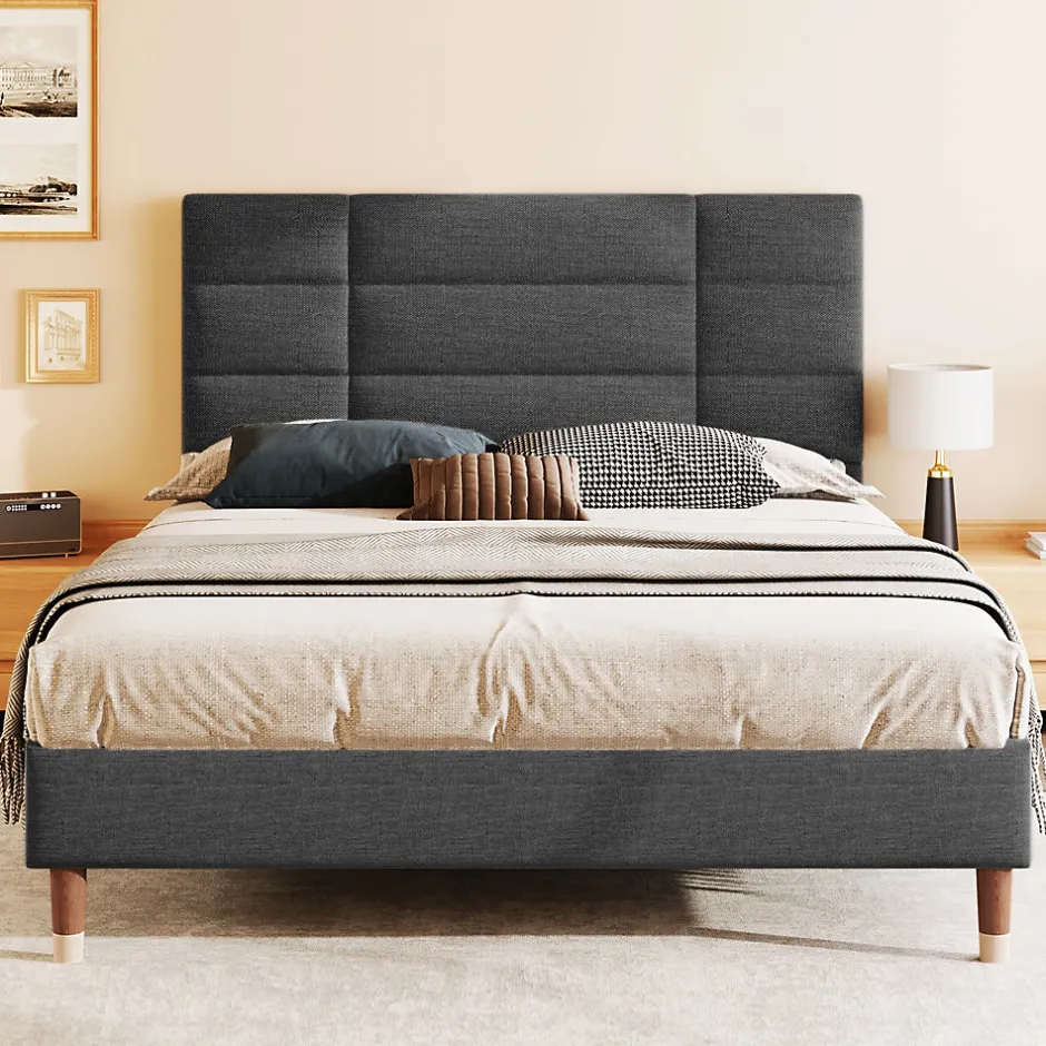 Redom Lit 140x200 cm avec rangement sous-lit et tête de lit rembourrée en lin gris, cadre bois massif