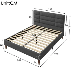 Redom Lit 140x200 cm avec rangement sous-lit et tête de lit rembourrée en lin gris, cadre bois massif