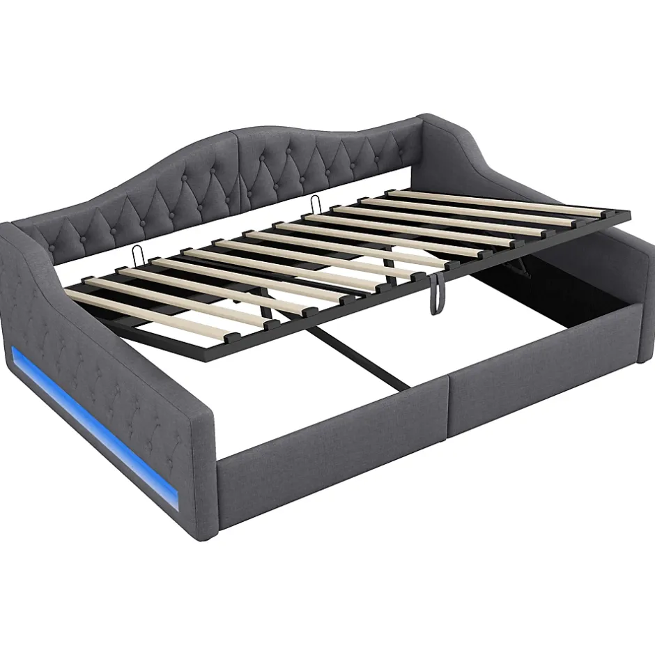 Redom Lit 140x200 cm avec rangement sous le cadre et éclairage LED, tapissé lin gris, cadre bois robuste