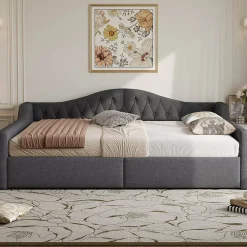Redom Lit 140x200 cm avec rangement sous le cadre et éclairage LED, tapissé lin gris, cadre bois robuste