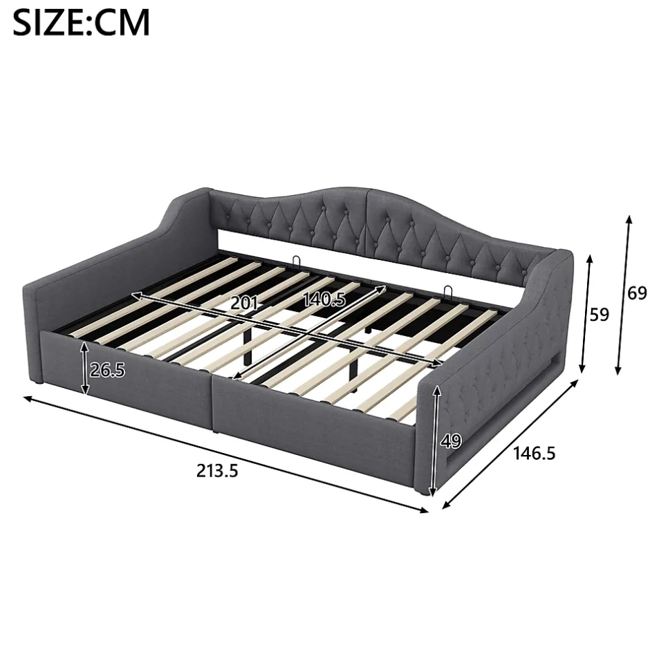 Redom Lit 140x200 cm avec rangement sous le cadre et éclairage LED, tapissé lin gris, cadre bois robuste