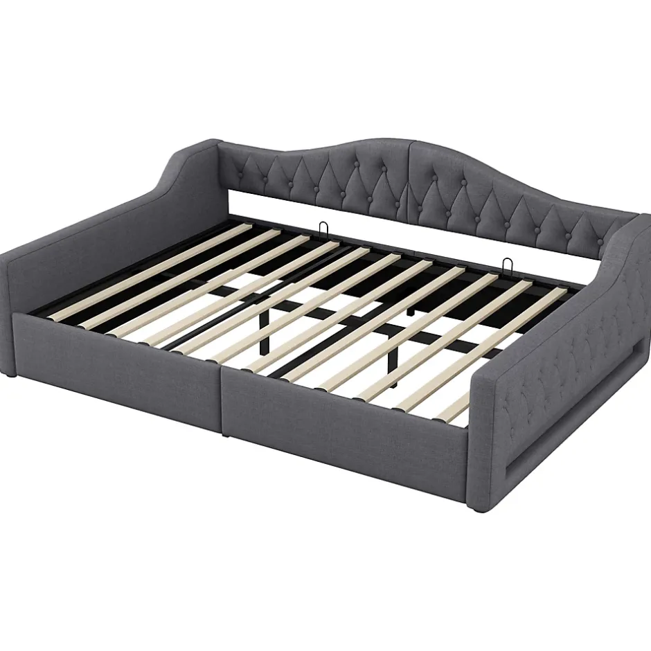 Redom Lit 140x200 cm avec rangement sous le cadre et éclairage LED, tapissé lin gris, cadre bois robuste