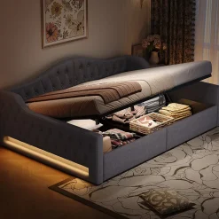 Redom Lit 140x200 cm avec rangement sous le cadre et éclairage LED, tapissé lin gris, cadre bois robuste