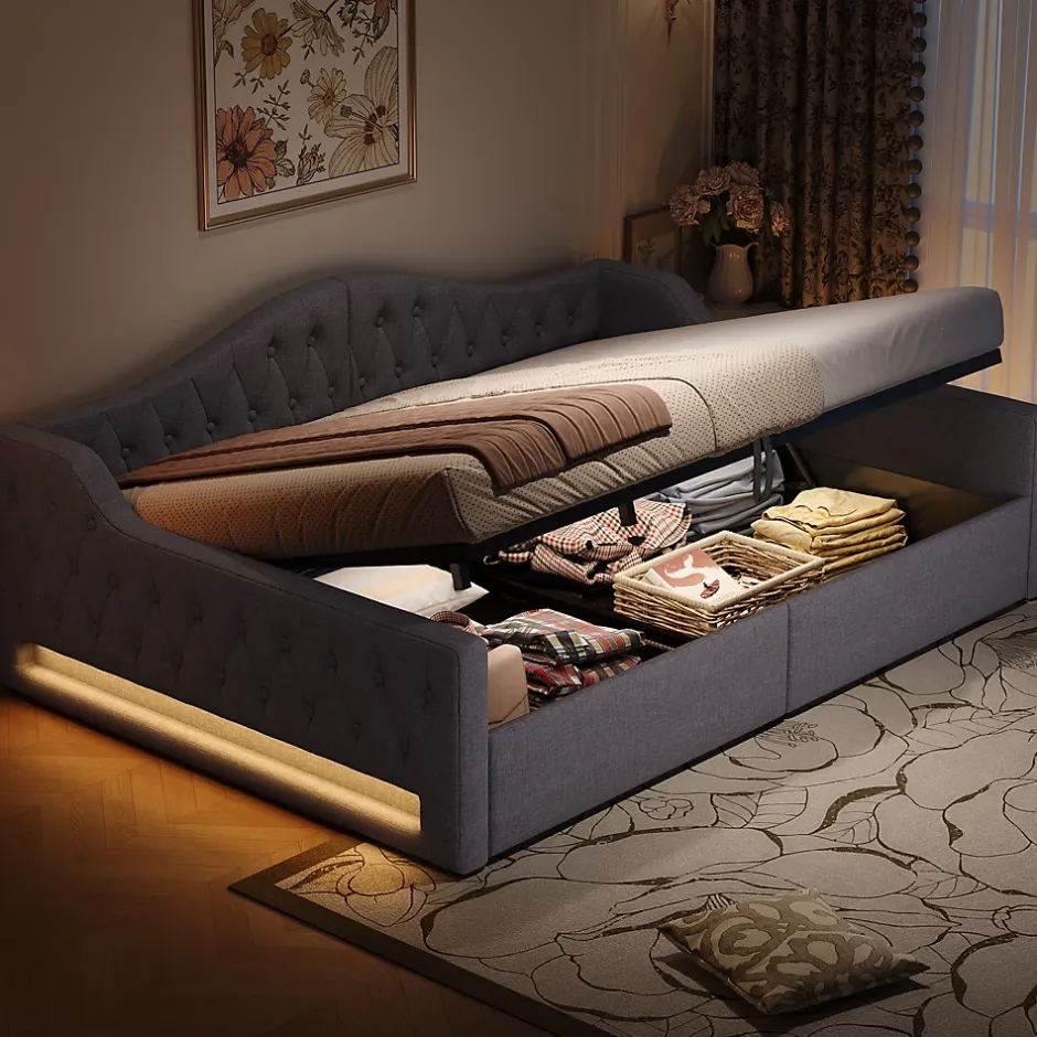 Redom Lit 140x200 cm avec rangement sous le cadre et éclairage LED, tapissé lin gris, cadre bois robuste