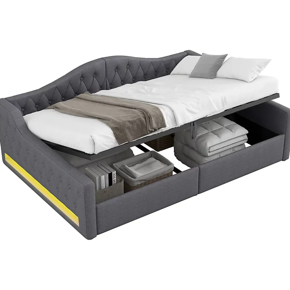Redom Lit 140x200 cm avec rangement sous le cadre et éclairage LED, tapissé lin gris, cadre bois robuste