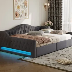 Redom Lit 140x200 cm avec rangement sous le cadre et éclairage LED, tapissé lin gris, cadre bois robuste