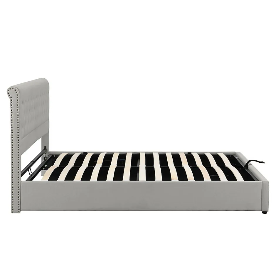 Redom Lit 140x190 cm avec rangement (sommier inclus) et tête de lit rembourrée en lin gris minimaliste européen Best