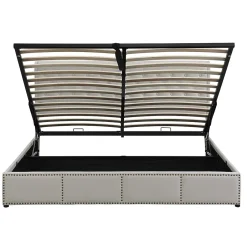 Redom Lit 140x190 cm avec rangement (sommier inclus) et tête de lit rembourrée en lin gris minimaliste européen Best