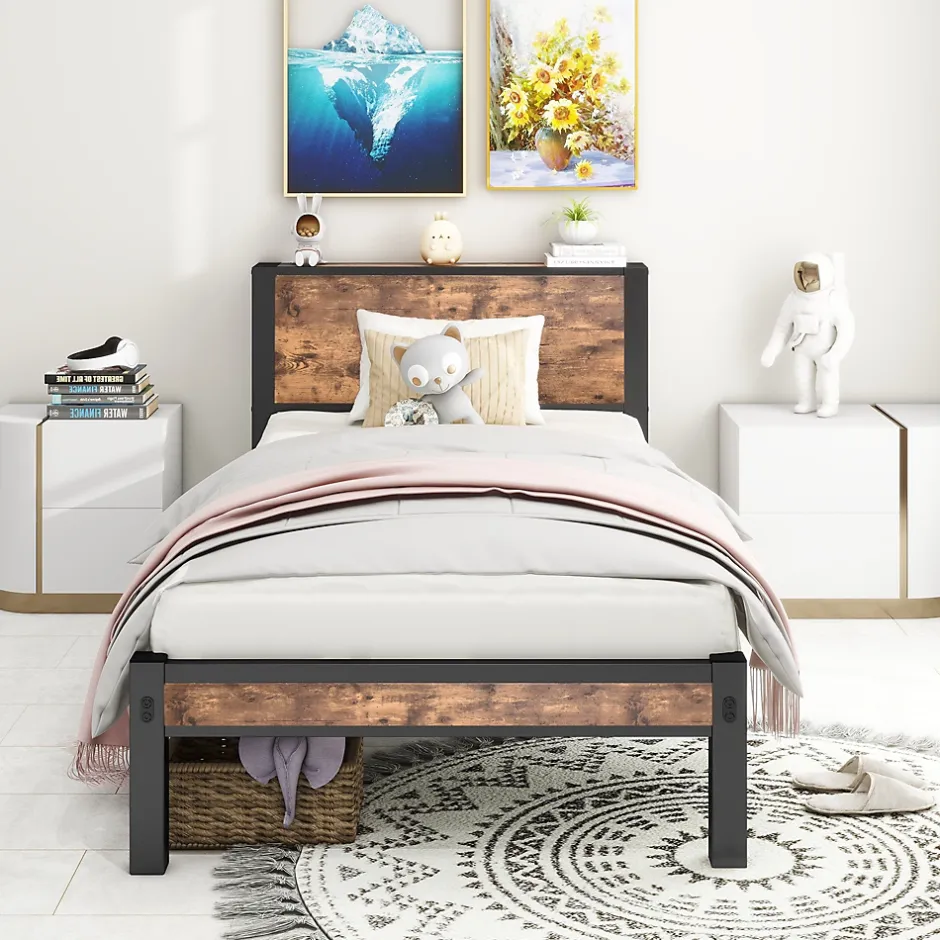 Redom Lit 90x200 cm avec rangement sous cadre et tête de lit en MDF, structure métal brun antique Discount