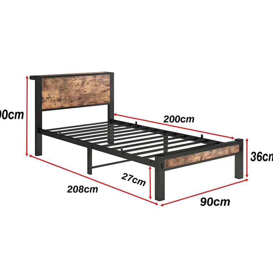 Redom Lit 90x200 cm avec rangement sous cadre et tête de lit en MDF, structure métal brun antique Discount