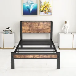 Redom Lit 90x200 cm avec rangement sous cadre et tête de lit en MDF, structure métal brun antique Discount
