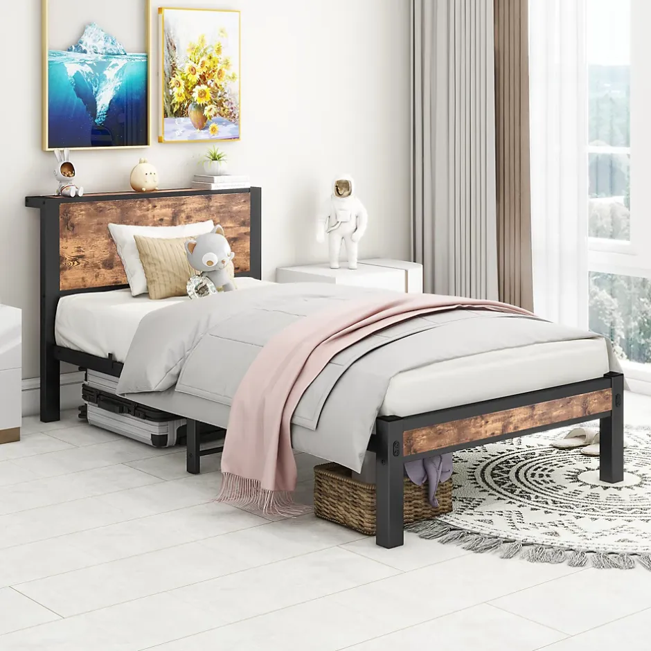 Redom Lit 90x200 cm avec rangement sous cadre et tête de lit en MDF, structure métal brun antique Discount