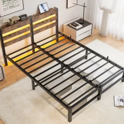 Redom Lit 140x200 cm avec rangement sous le lit et éclairage LED RGB, cadre métal et surface boisée noir brun