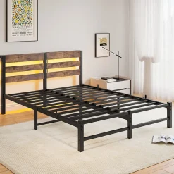 Redom Lit 140x200 cm avec rangement sous le lit et éclairage LED RGB, cadre métal et surface boisée noir brun