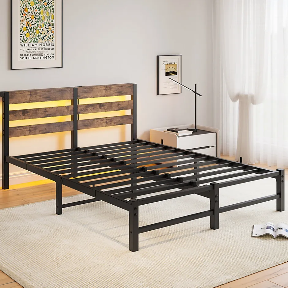 Redom Lit 140x200 cm avec rangement sous le lit et éclairage LED RGB, cadre métal et surface boisée noir brun