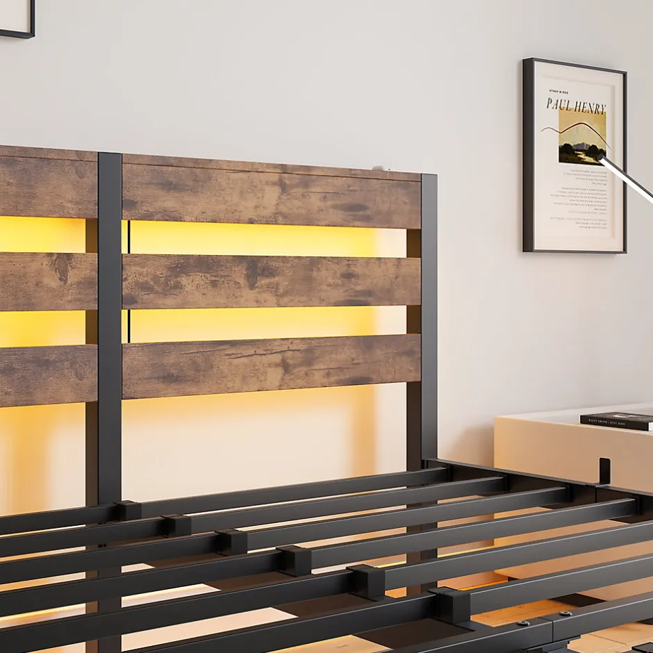 Redom Lit 140x200 cm avec rangement sous le lit et éclairage LED RGB, cadre métal et surface boisée noir brun