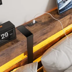 Redom Lit 140x200 cm avec rangement sous le lit et éclairage LED RGB, cadre métal et surface boisée noir brun