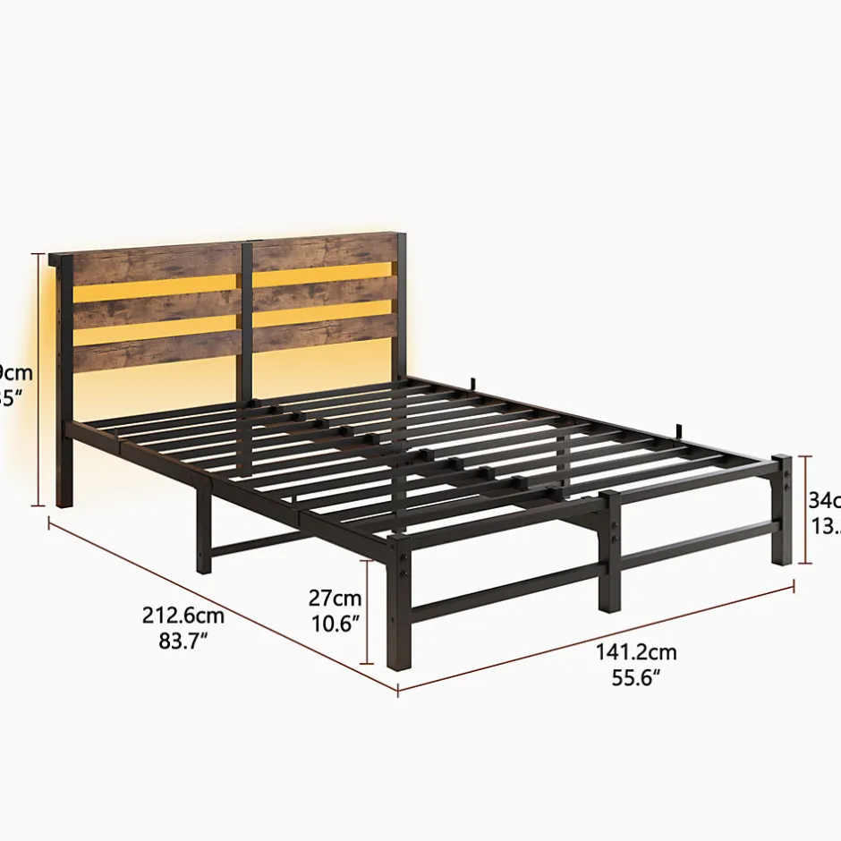 Redom Lit 140x200 cm avec rangement sous le lit et éclairage LED RGB, cadre métal et surface boisée noir brun