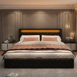 Redom Lit 160x200 cm avec rangement, tête de lit rembourrée et éclairage LED, tapissé PU noir, sommier inclus
