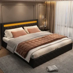 Redom Lit 160x200 cm avec rangement, tête de lit rembourrée et éclairage LED, tapissé PU noir, sommier inclus