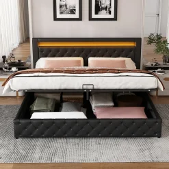 Redom Lit 160x200 cm avec rangement, tête de lit rembourrée et éclairage LED, tapissé PU noir, sommier inclus