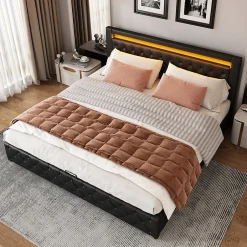 Redom Lit 160x200 cm avec rangement, tête de lit rembourrée et éclairage LED, tapissé PU noir, sommier inclus