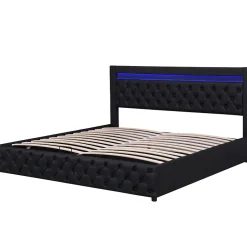 Redom Lit 160x200 cm avec rangement, tête de lit rembourrée et éclairage LED, tapissé PU noir, sommier inclus