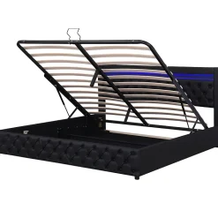 Redom Lit 160x200 cm avec rangement, tête de lit rembourrée et éclairage LED, tapissé PU noir, sommier inclus