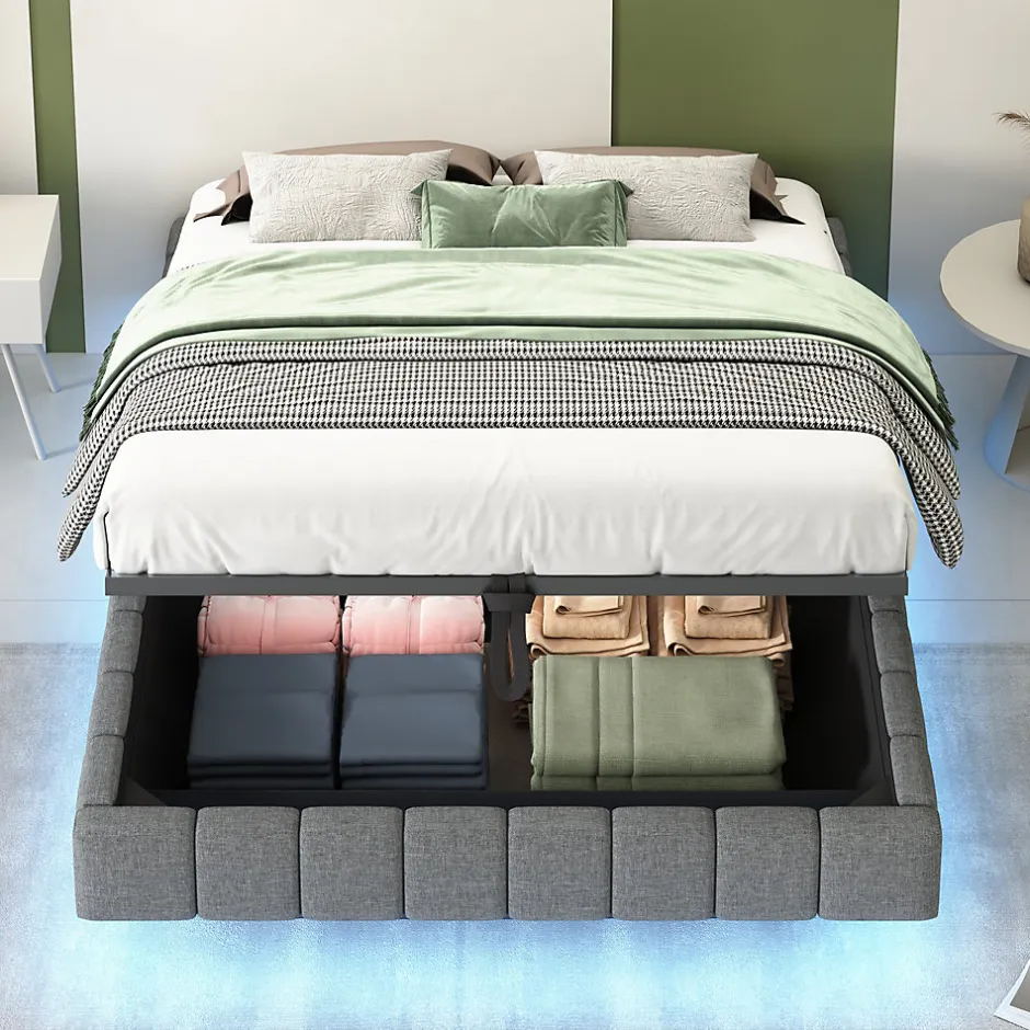 Redom Lit 140x200 cm avec rangement, tapissé lin gris, éclairage LED multicolore intégré, sans tête de lit