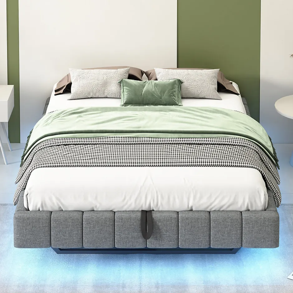 Redom Lit 140x200 cm avec rangement, tapissé lin gris, éclairage LED multicolore intégré, sans tête de lit