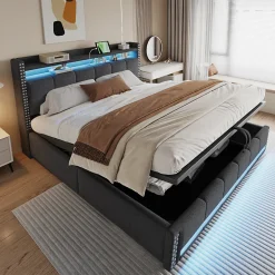 Redom Lit 180x200 cm avec rangement, tête de lit éclairée led et revêtement en lin gris, système hydraulique