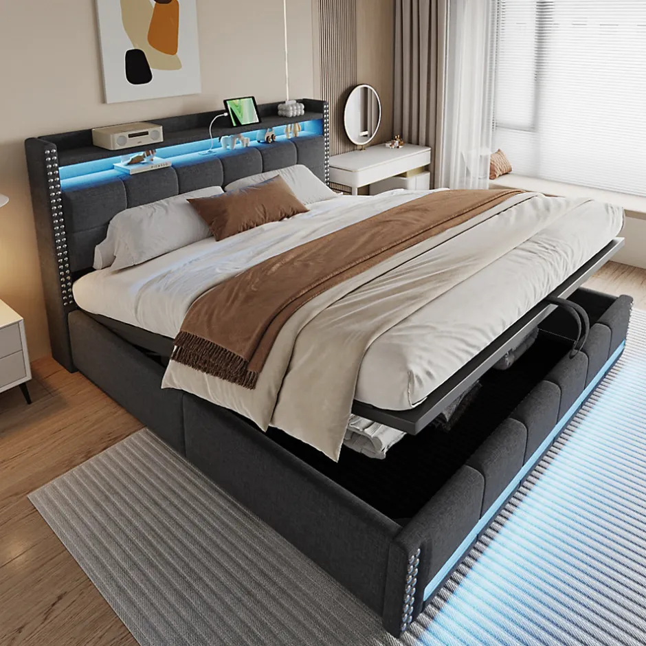 Redom Lit 180x200 cm avec rangement, tête de lit éclairée led et revêtement en lin gris, système hydraulique