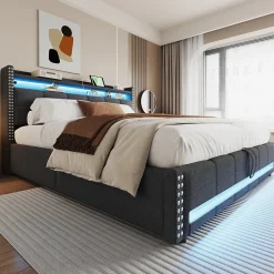 Redom Lit 180x200 cm avec rangement, tête de lit éclairée led et revêtement en lin gris, système hydraulique
