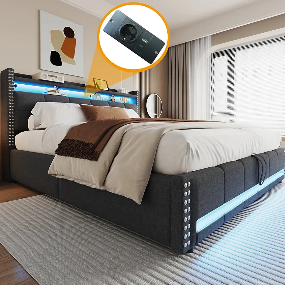 Redom Lit 180x200 cm avec rangement, tête de lit éclairée led et revêtement en lin gris, système hydraulique