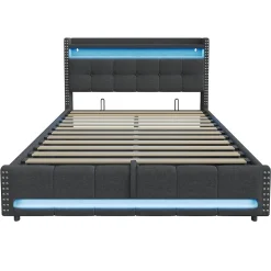 Redom Lit 180x200 cm avec rangement, tête de lit éclairée led et revêtement en lin gris, système hydraulique