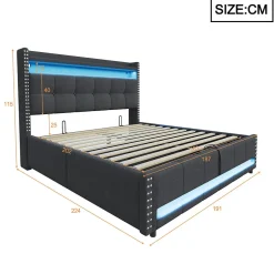 Redom Lit 180x200 cm avec rangement, tête de lit éclairée led et revêtement en lin gris, système hydraulique