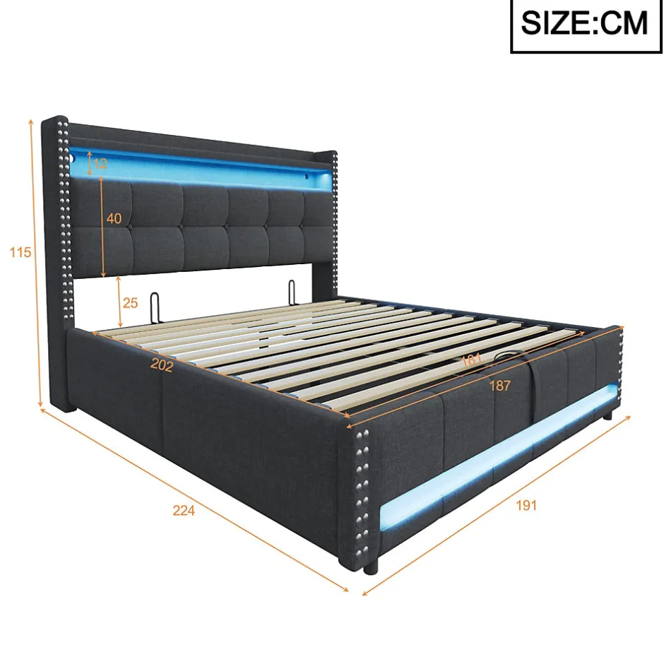 Redom Lit 180x200 cm avec rangement, tête de lit éclairée led et revêtement en lin gris, système hydraulique